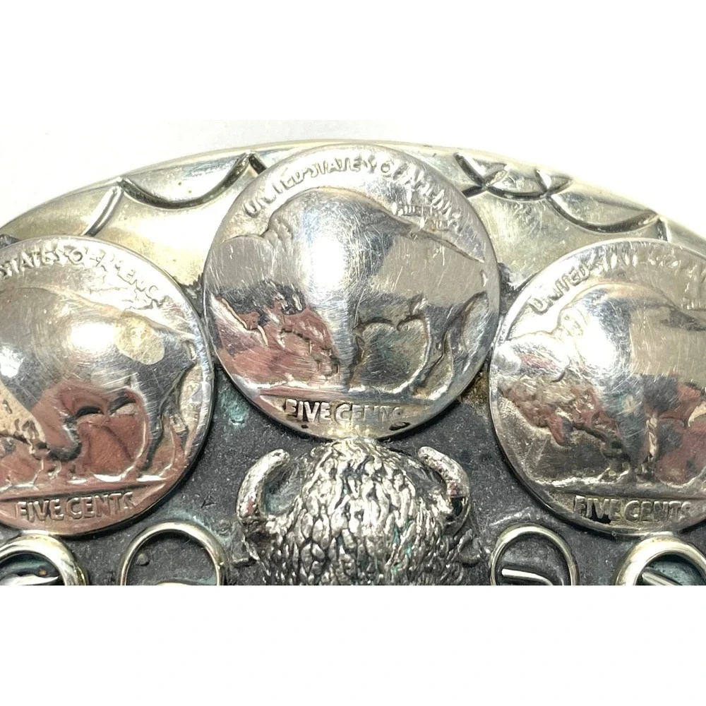 Nickel Silver Buffalo Head Belt Buckle Turquoise Coral w/Coins - Native American